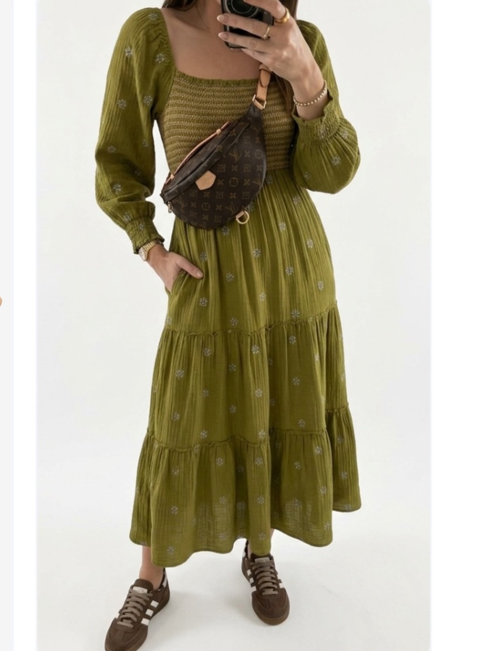 Olive Smocked Square-Neck Tiered Midi Dress